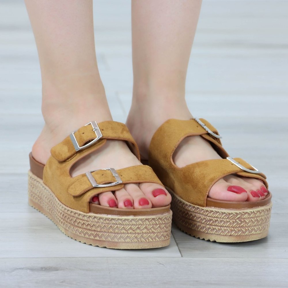 Suede Tan Double Straps Comfort Platform Sandal Slip On Sliders - Picture 12 of 13
